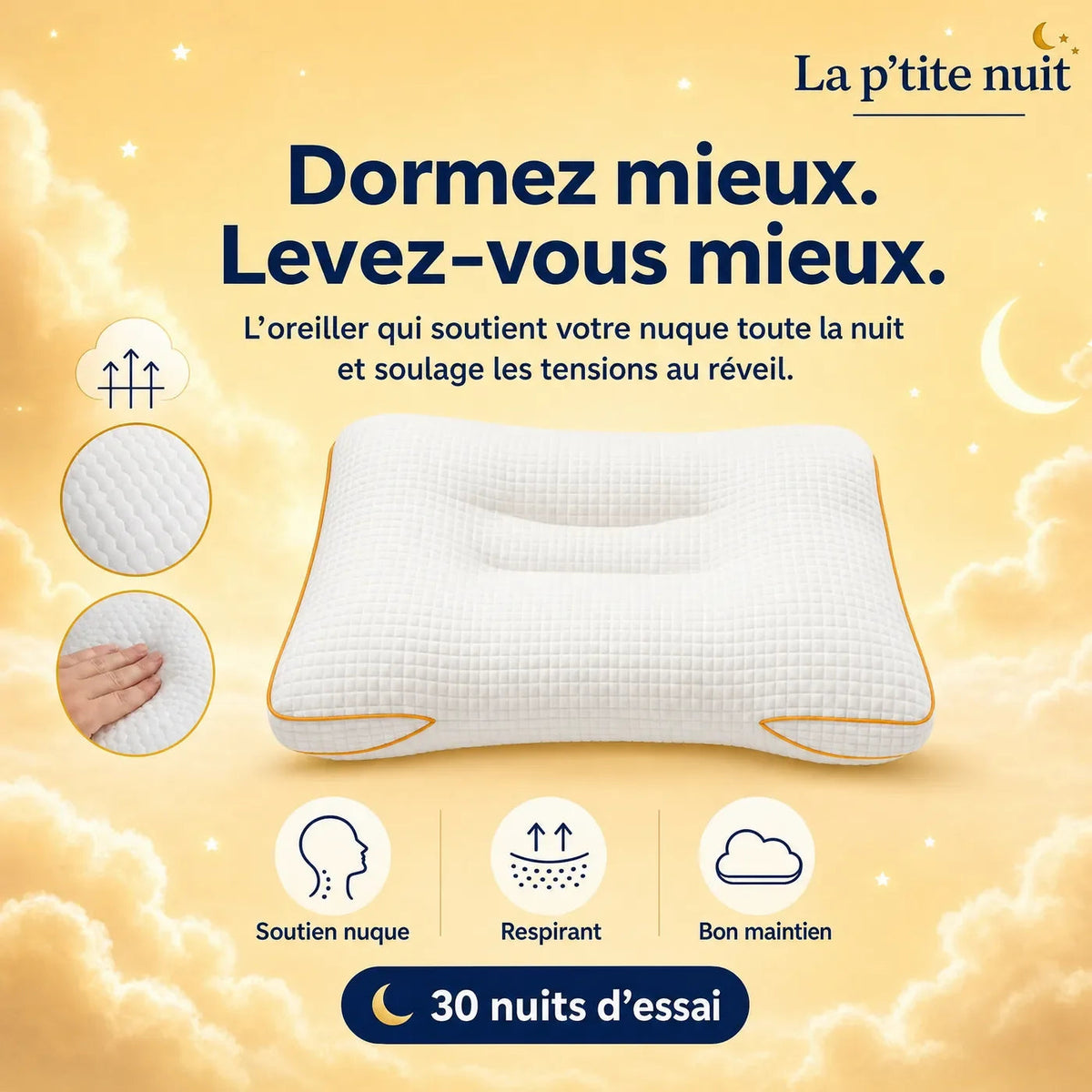 Oreiller ergonomique adulte Pilookids, soutien de la nuque toute la nuit