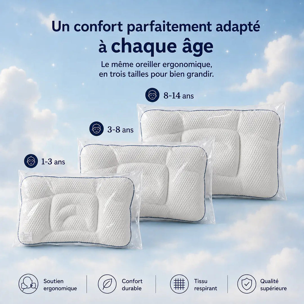 Un confort parfaitement adapté à chaque âge, avec les trois tailles de l’oreiller Pilookids