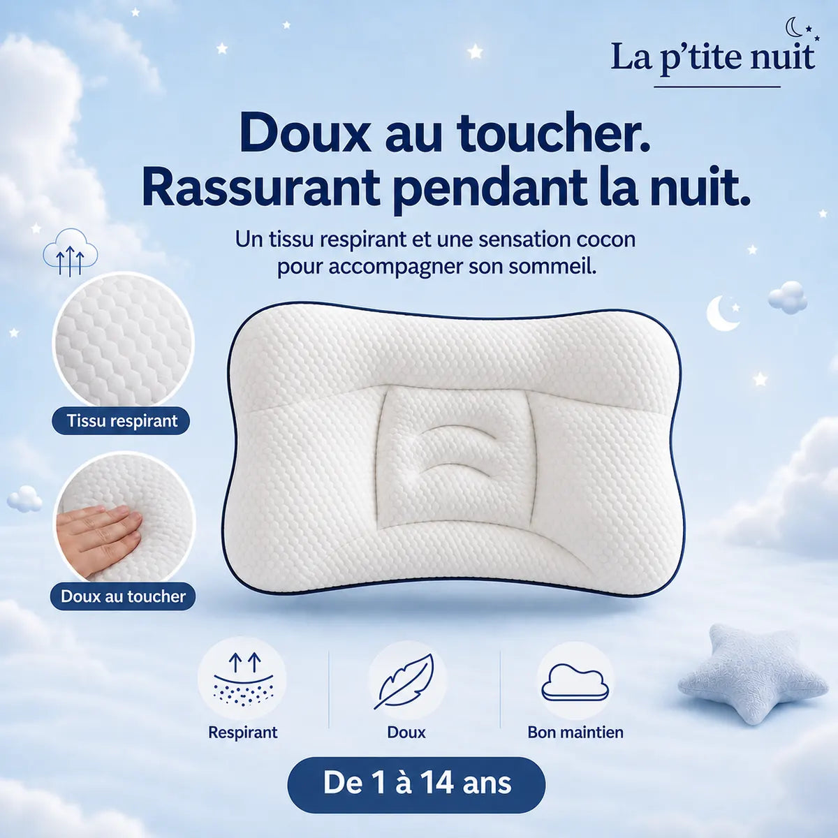 Visuel marketing Pilookids - comparaison oreiller standard et oreiller enfant